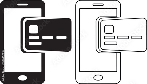 Vector icon set featuring a smartphone with a credit card in solid black silhouette and linear outline styles representing mobile payment, digital wallet, and online banking transactions.