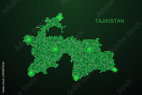 Tajikistan Map - Digital dotted map with glowing green points on dark background, modern technology style, abstract data network design, clean minimal geometric vector illustration.