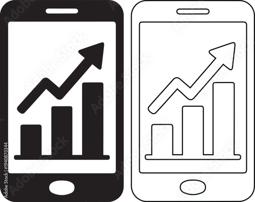 Vector icon set featuring a smartphone mobile app displaying a financial growth chart and upward arrow in solid black silhouette and linear outline styles for business success.