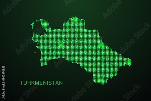 Turkmenistan Map - Digital dotted map with glowing green points on dark background, modern technology style, abstract data network design, clean minimal geometric vector illustration.