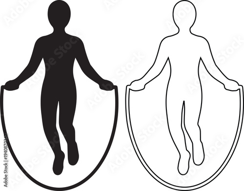 Vector icon set featuring a person jumping rope for cardio exercise in solid black silhouette and linear outline styles for active fitness sports and healthy gym workouts.