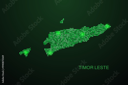 Timor Leste Map - Digital dotted map with glowing green points on dark background, modern technology style, abstract data network design, clean minimal geometric vector illustration.
