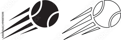 Vector icon set featuring a fast flying tennis ball in solid black silhouette and linear outline styles representing sports action, game equipment, and high speed motion.