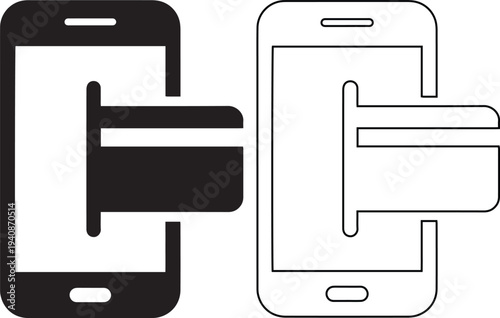 Vector icon set featuring a smartphone with a credit card in solid black silhouette and linear outline styles representing mobile payment, digital wallets, and online banking.