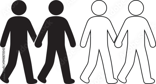 Vector icon set featuring two people or a couple holding hands while walking together in solid black silhouette and linear outline styles representing friendship and unity.