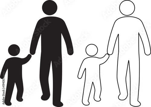 Vector icon set featuring a father and child holding hands while walking in solid black silhouette and linear outline styles representing family care, parenting, and childhood guidance.
