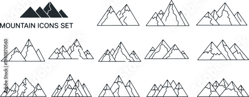 Illustration of set of hand drawn mountain icons and peaks collection