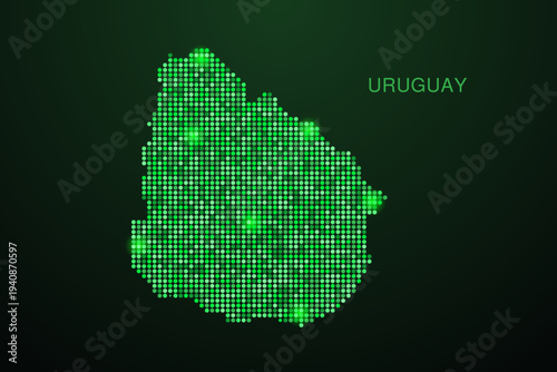 Uruguay Map - Digital dotted map with glowing green points on dark background, modern technology style, abstract data network design, clean minimal geometric vector illustration.