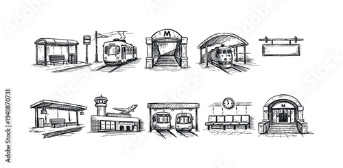 Transport sketch icon set. public transportation hand-drawn linear icon collection