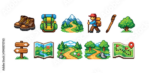 Hiking, adventure pixel art icon set: camping, trail, nature elements in retro 8-bit style