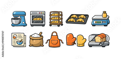 Bakery, baking flat icon set. bread, pastry tools, kitchen utensils icon collection