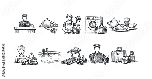 Hospitality service icon set in sketch style. hotel, housekeeping, dining sketch icons