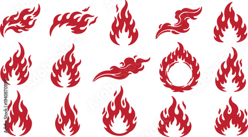Illustration of set of red fire flame icons and vector shapes