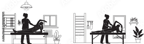 Silhouette illustration a physiotherapist guiding a patient through a stretching exercise on a plain treatment table vector silhouette