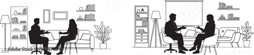 Silhouette illustration a therapist seated across from a patient in a warm therapy session with both in relaxed conversation poses vector silhouette