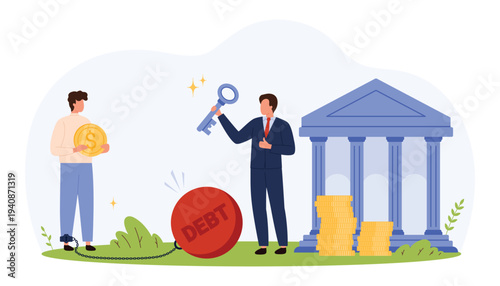 Man holding coin and chained to debt ball, businessman with key near bank building and gold coins, concept of financial freedom and repayment isolated vector illustration