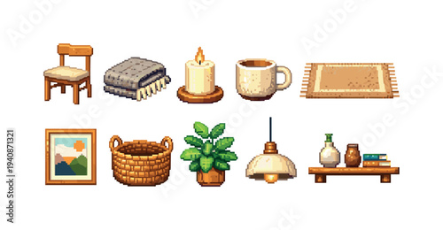 Home decor pixel icon set. cozy indoor items pixel art collection