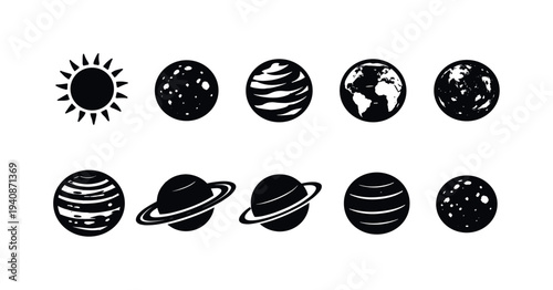 Solar system silhouette icon set. planets, celestial bodies silhouette collection