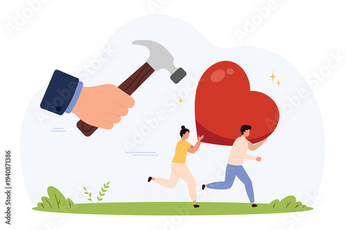 Couple of people running with big red heart, escaping huge hammer attack, concept of saving love, relationship protection, emotional safety, isolated on white background vector illustration