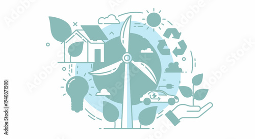 Vector eco friendly icons set with wind turbine, house, light bulb, and leaves, environmental sustainability symbols