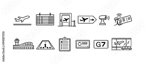 Airport and flight outline icon set. air travel, aviation symbols in outline style.