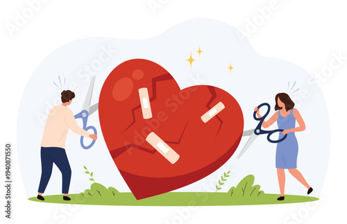 Toxic relationship and emotional repair concept, featuring a couple with scissors and a broken heart, isolated on white background vector illustration.