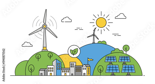 Set of eco friendly city landscape vector illustration with renewable energy