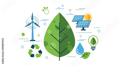 Set of eco friendly icons vector, green leaf, solar panel, wind turbine, recycling symbol