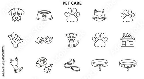 Pet care icons set including dog cat grooming and accessories.