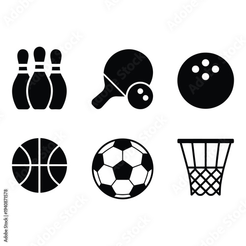 Assorted Sports Equipment Icons Featuring Bowling, Table Tennis, Basketball, and Soccer Essentials