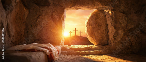Easter morning dawns over the empty tomb with a soft blanket on the ground and a three crosses in the distance symbolizing the resurrection of Jesus Christ.