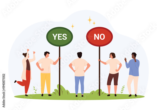 Group of diverse people standing with yes and no signs, expressing decision making, choice, agreement, disagreement, and opinions in a flat isolated vector illustration