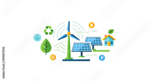 Set of eco friendly icons vector, sustainable energy symbols, green technology illustrations