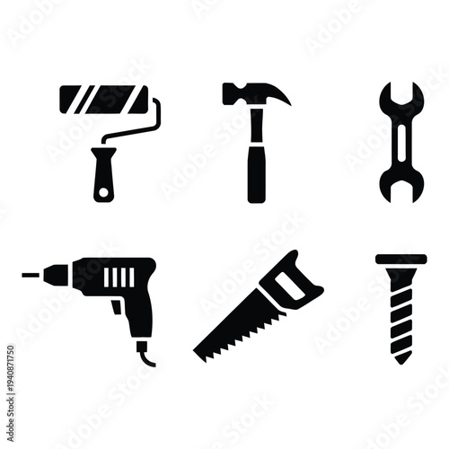 Essential construction and renovation tools icon set for DIY projects and professional trades