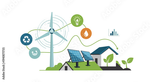 Eco friendly home, renewable energy, sustainable living, green technology icons
