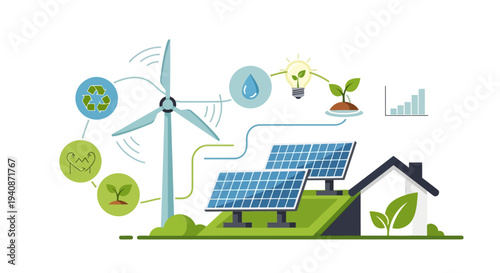 Eco friendly home, renewable energy, solar panels, wind turbine, sustainable living, green technology