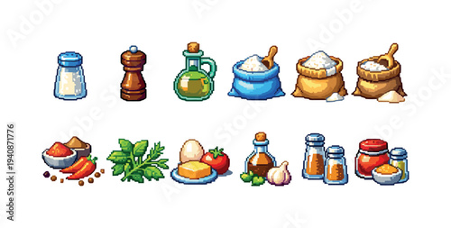 Cooking ingredients pixel icon set. spices, herbs, seasoning icons pixel collection