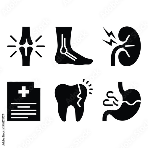 Essential Healthcare Medical Symptoms and Conditions Glyphs for Health Apps and Websites