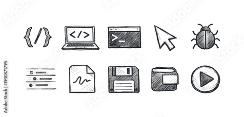 Chalkboard style coding icon set. programming, development icons line collection