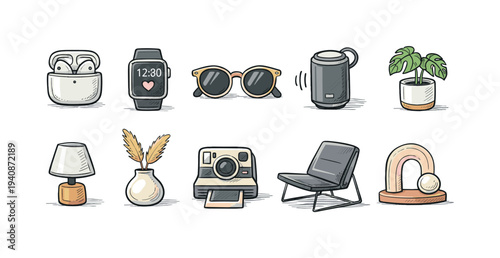 Home decor and gadgets icon set. 3d icons for modern home styling and accessories