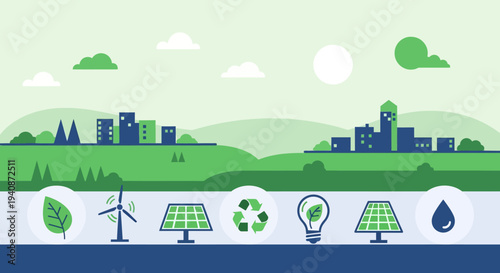 Vector eco-friendly cityscape with sustainability icons