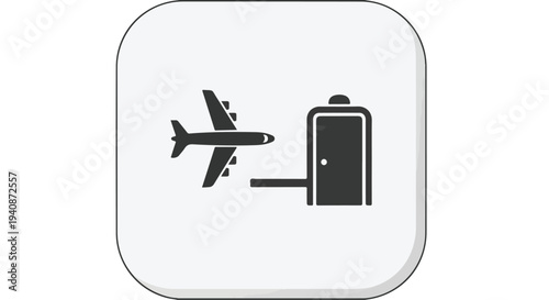 Simple black icon of an airplane taking off next to a suitcase on a white background with rounded corners.