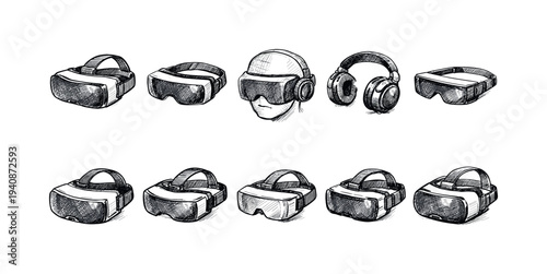 Virtual reality headset line icon set. vr, gaming headset, technology outline icons