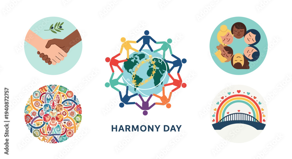 Fototapeta premium Flat lay of Harmony Day illustrations with diverse people, hands shaking, and a globe surrounded by multicolored connections on a white background, conveying cultural diversity and unity.