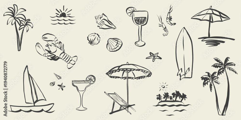 Fototapeta premium Hand drawn whimsical summer doodles. Italian Amalfi sketch collection in simple crayon style. Vintage holiday and vacation symbols. Rough trendy vector illustration