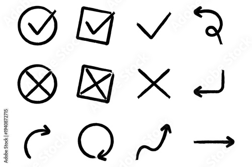 Collection of simple black checkmarks, crosses and curved arrows on white background.