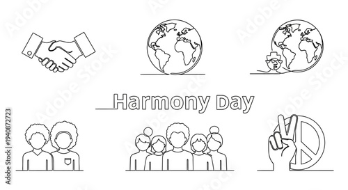 Line icons depicting hands shaking, globes, diverse people, and peace signs, conveying cultural diversity and community harmony on Harmony Day with a minimalist style.