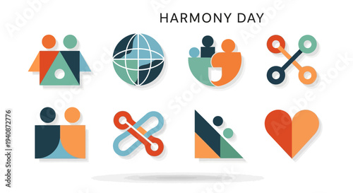 Flat lay of Harmony Day icons featuring diverse people, globe, and unity symbols on a white background with colorful, geometric designs conveying cultural diversity and global friendship.