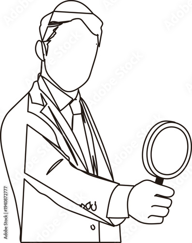 虫眼鏡をもつビジネスパーソンの線画イラスト