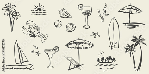 Hand drawn whimsical summer doodles. Italian Amalfi sketch collection in simple crayon style. Vintage holiday and vacation symbols. Rough trendy vector illustration